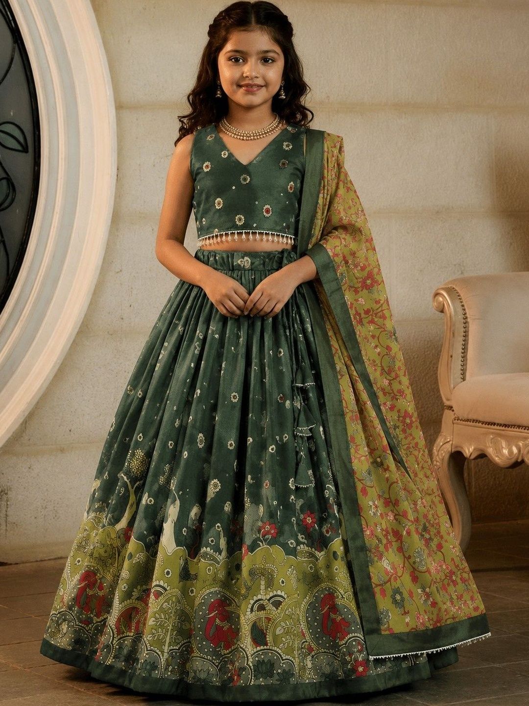 KALINI Girls Embellished Kalamkari Ready to Wear Lehenga & Blouse With Dupatta