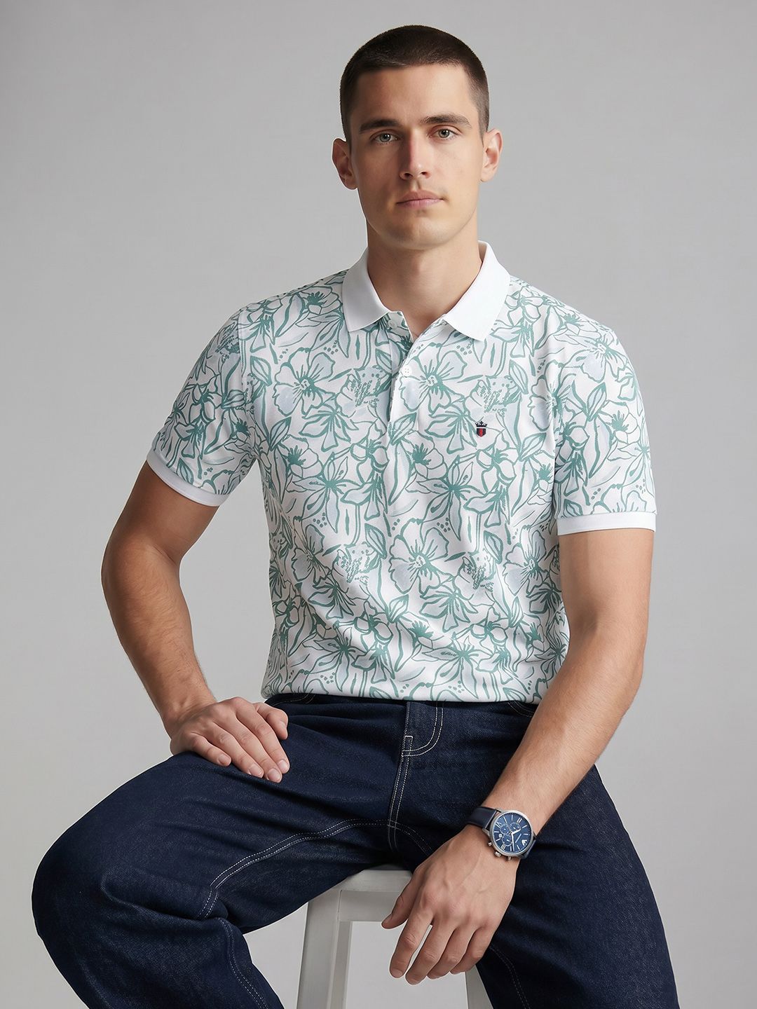 Polo Collar Slim Fit T-shirt Louis Philippe Sport Floral Printed Polo Collar Slim Fit T-shirt