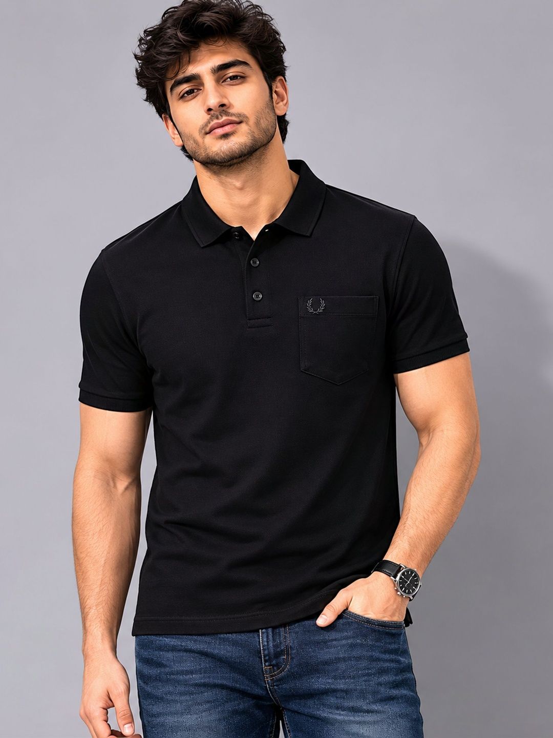 UNEX Men Brand Logo Polo Collar Pockets T-shirt