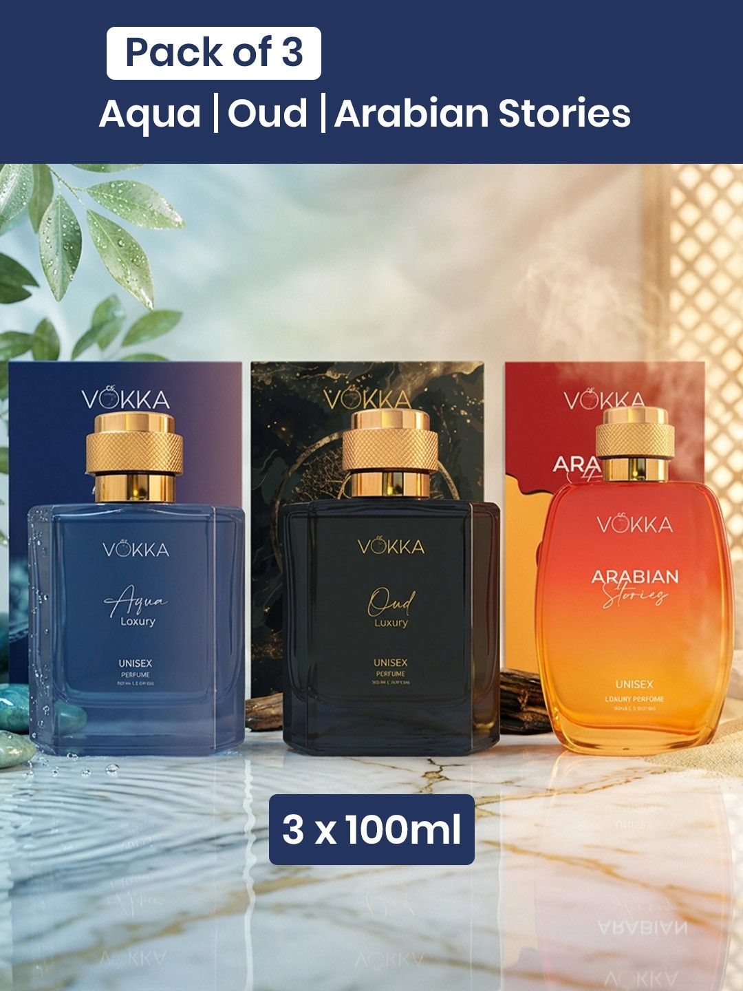 VOKKA Set Of 3 Aqua Oud & Arabian Long Lasting Eau De Parfum - 100 ml Each