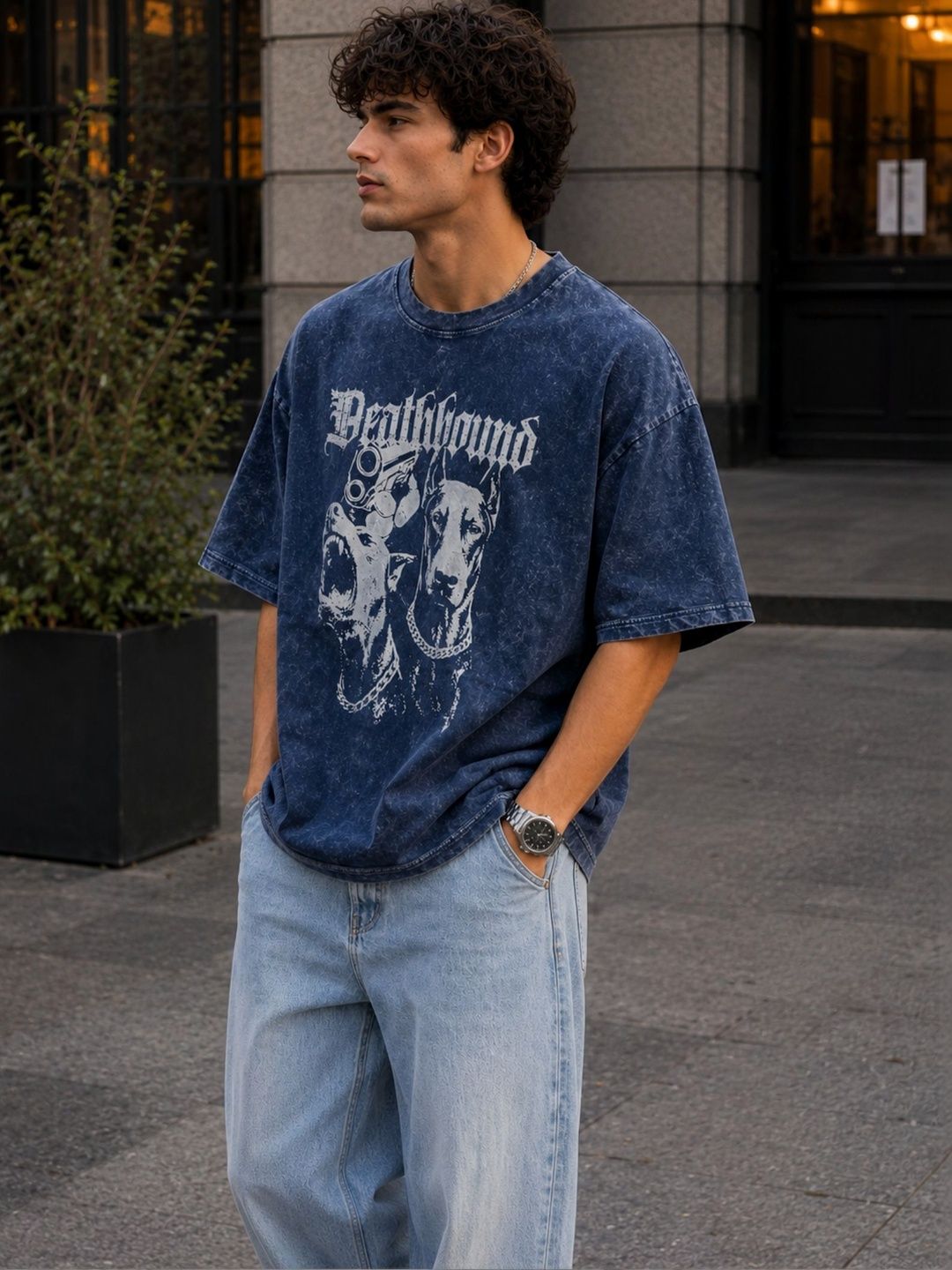 MADSTO Men Printed Drop-Shoulder Sleeves Acid Wash T-shirt