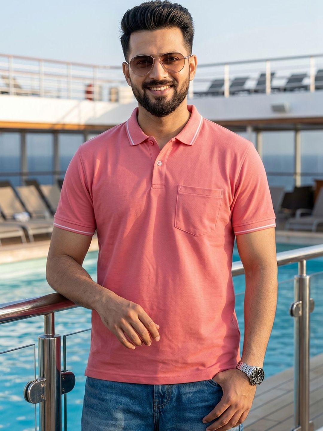 XFOX Men Polo Collar Pockets T-shirt