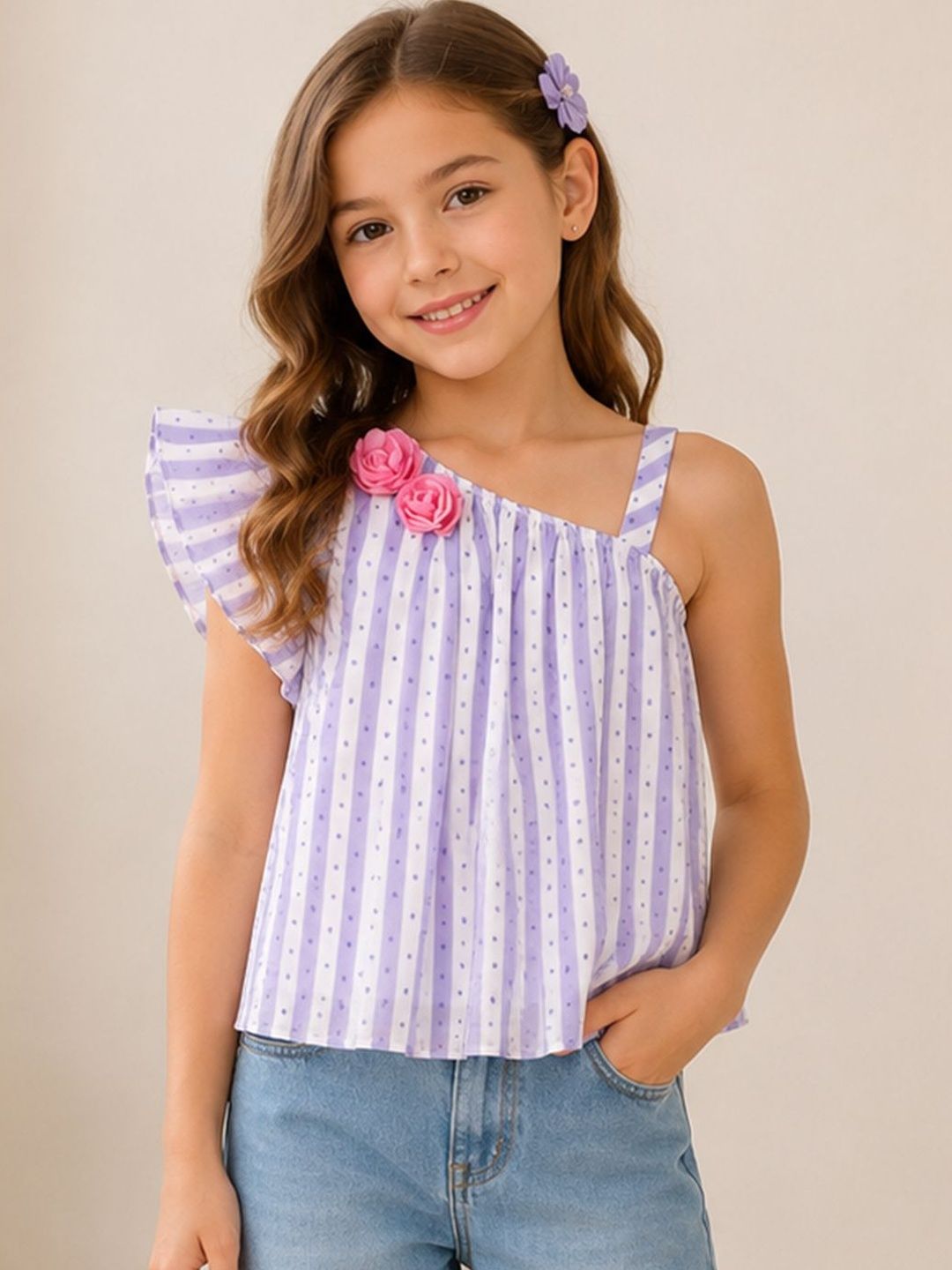 CUTECUMBER Girls Purple Striped One Shoulder Flutter Sleeve Ruffles Top