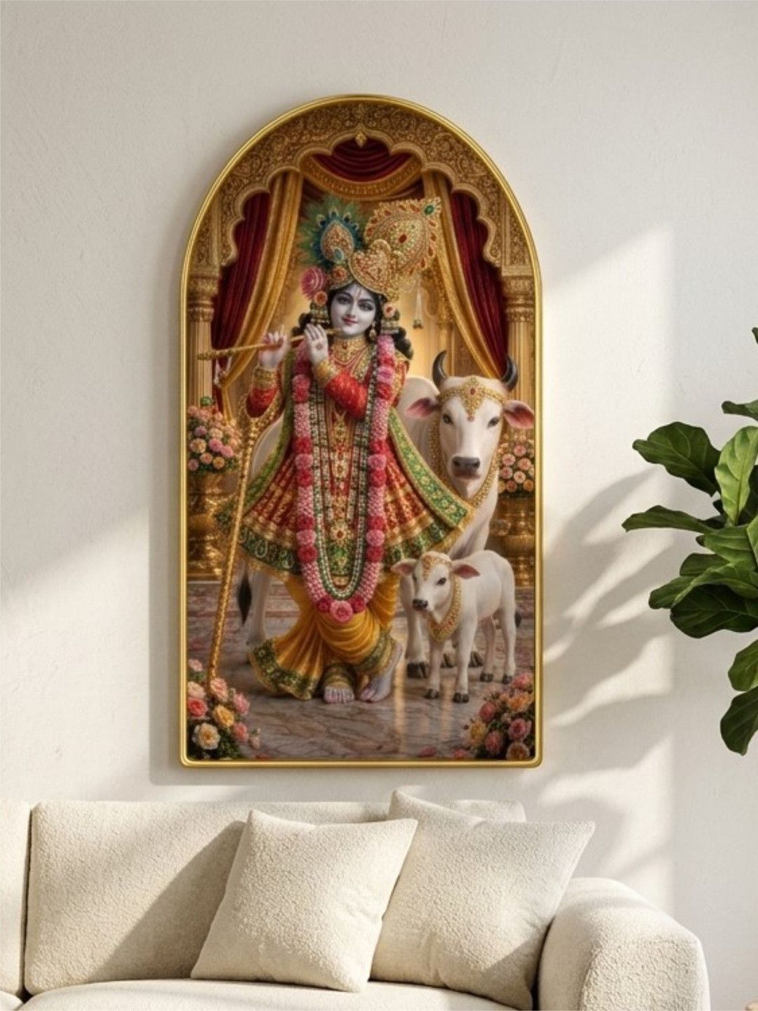 SAF Gold Toned MDF Shri Krishna Cow Portrait Wall Art - 30'' x 16''