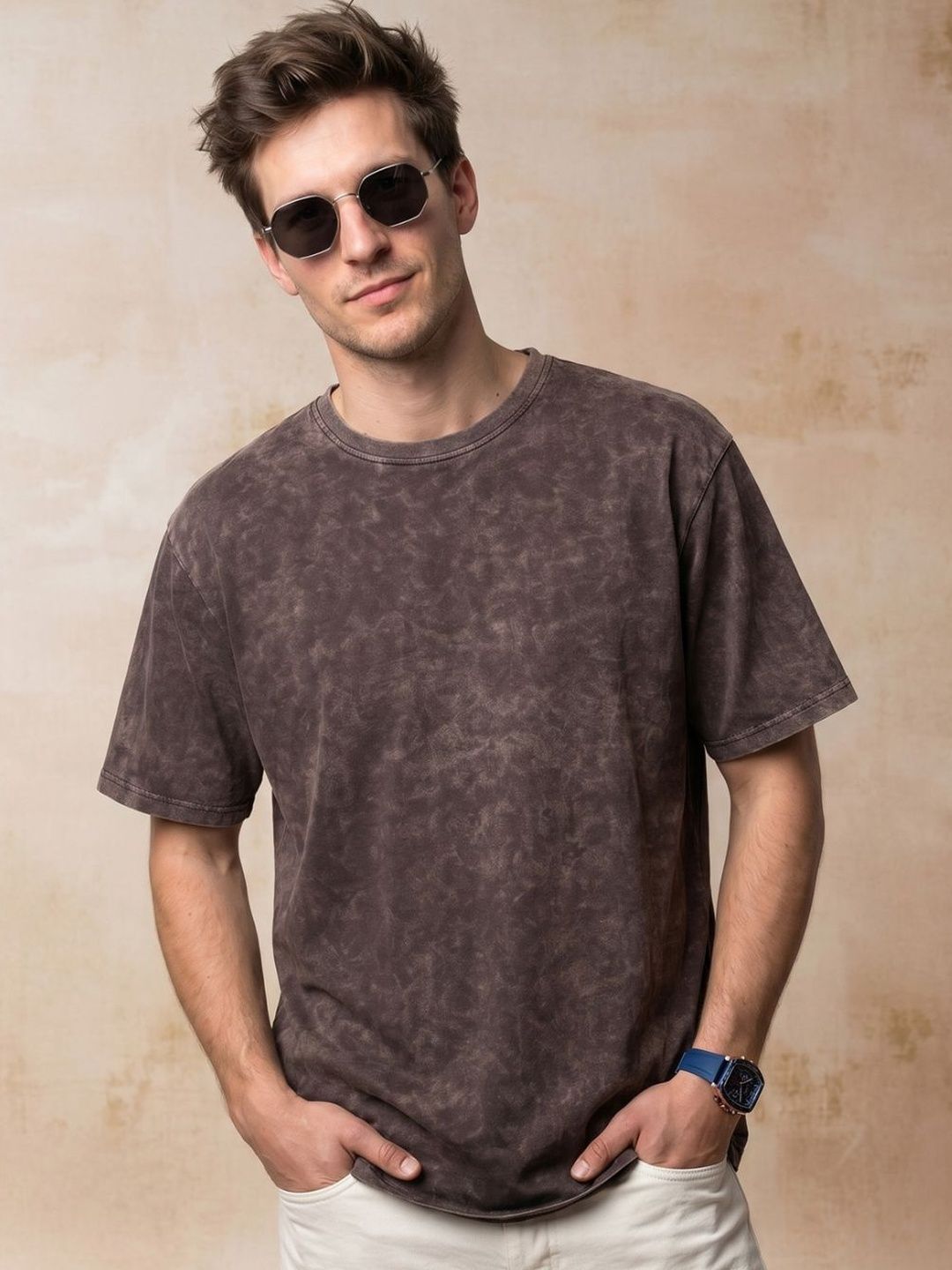 VEIRDO Men Brown Acid Wash Printed Drop-Shoulder Sleeves Pure Cotton Oversize T-shirt
