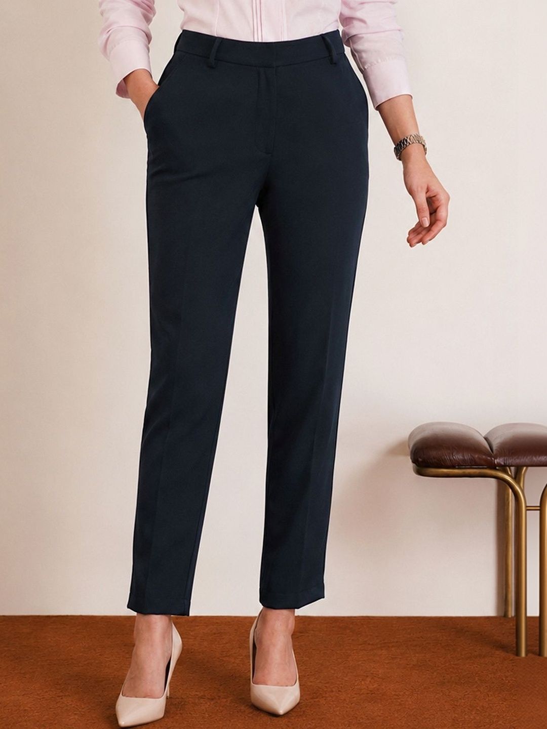 Women Straight Fit Trousers FABLE STREET Women Straight Navy Blue Fit Trousers