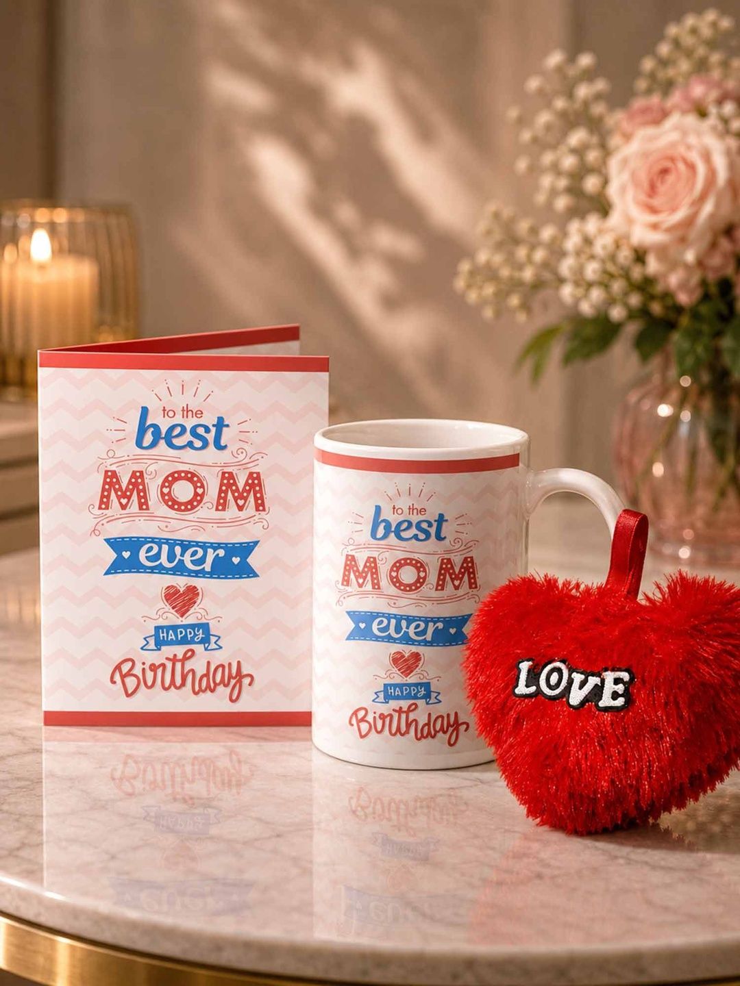 GIFT MY PASSION 3Pcs White & Red Printed Ceramic Mom Birthday Gift Combo
