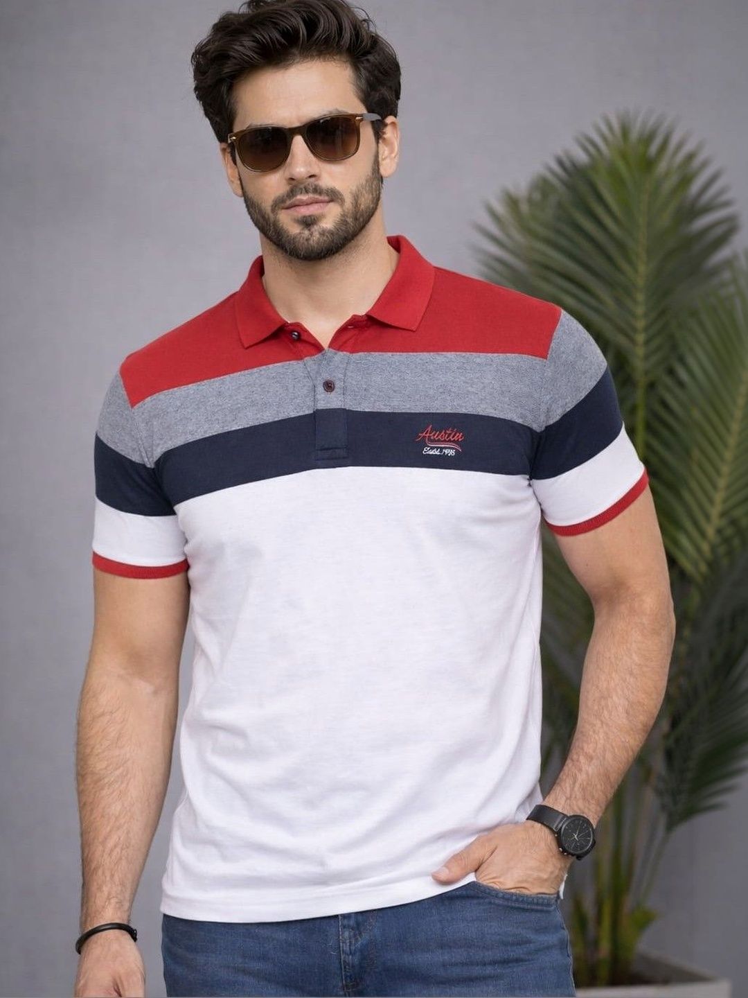Austin wood Men Colourblocked Polo Collar T-shirt
