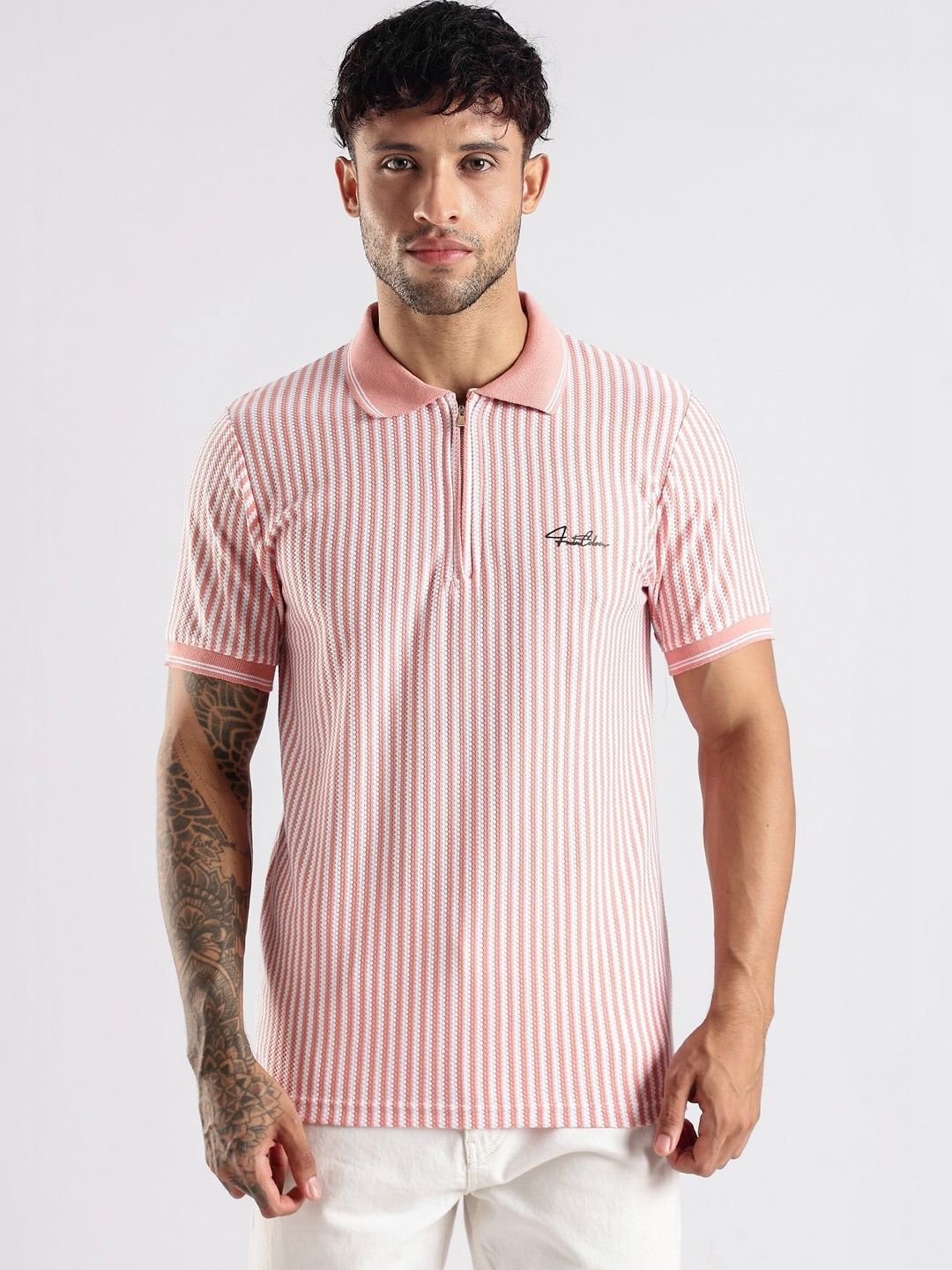 LONDON COLORS Men Striped Polo Collar T-shirt