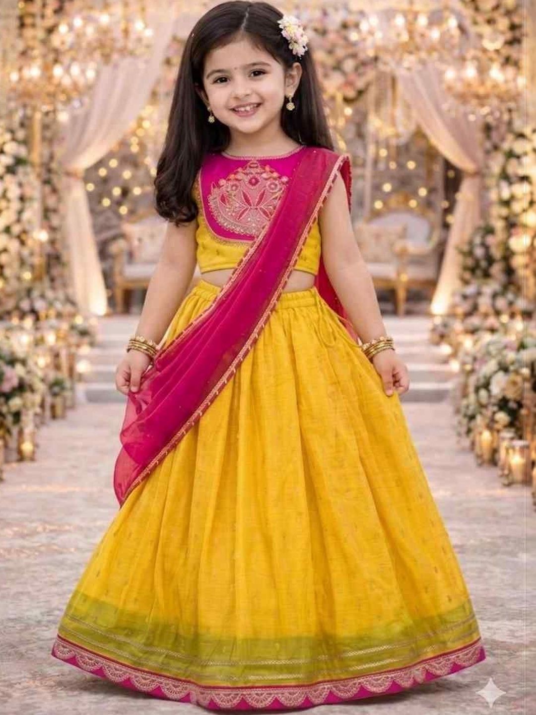KALINI Girls Embellished Thread Work Ready to Wear Lehenga & Blouse With Dupatta