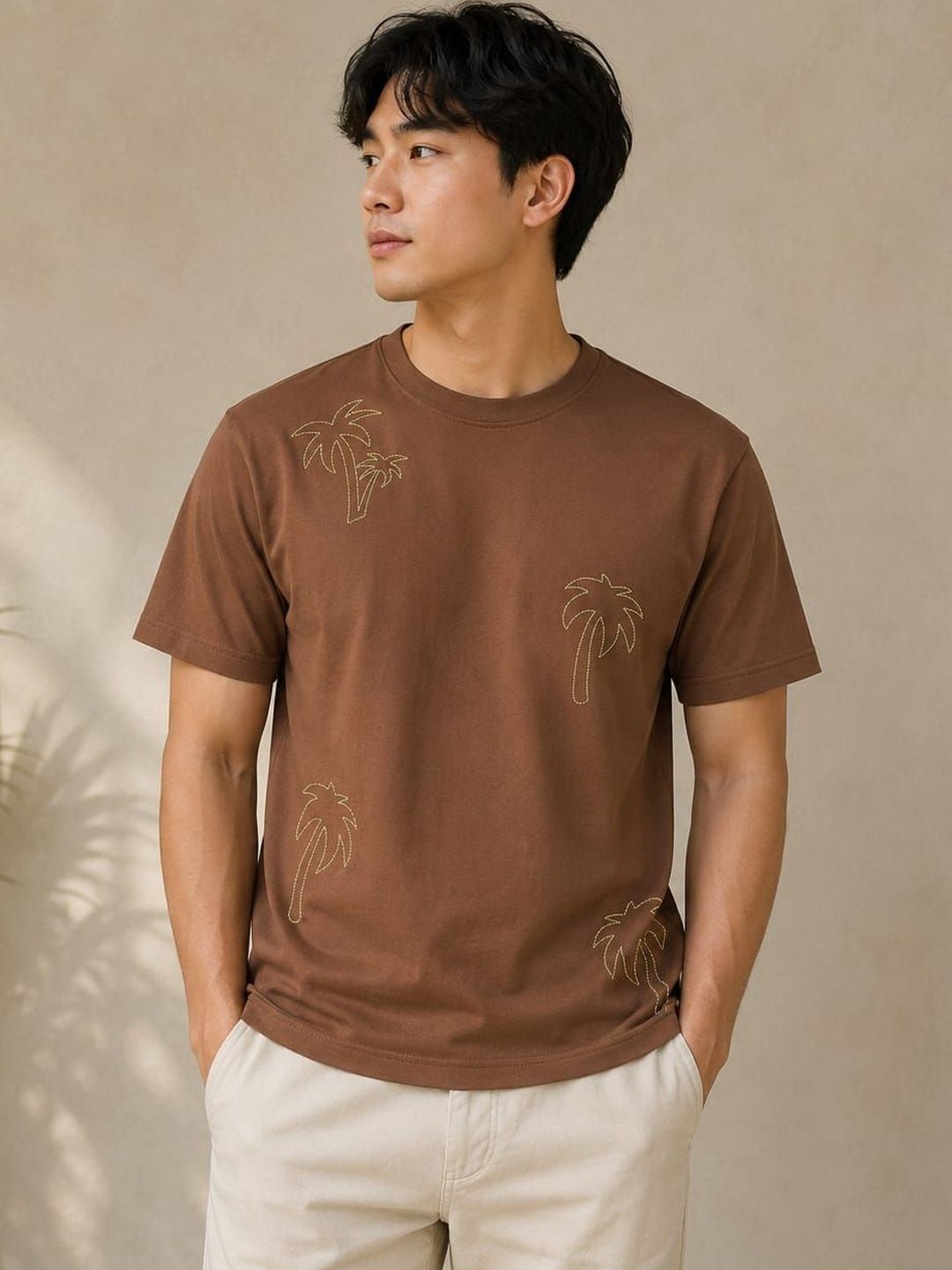 BIGCAPS Brown Embroidered Round Neck T-Shirt