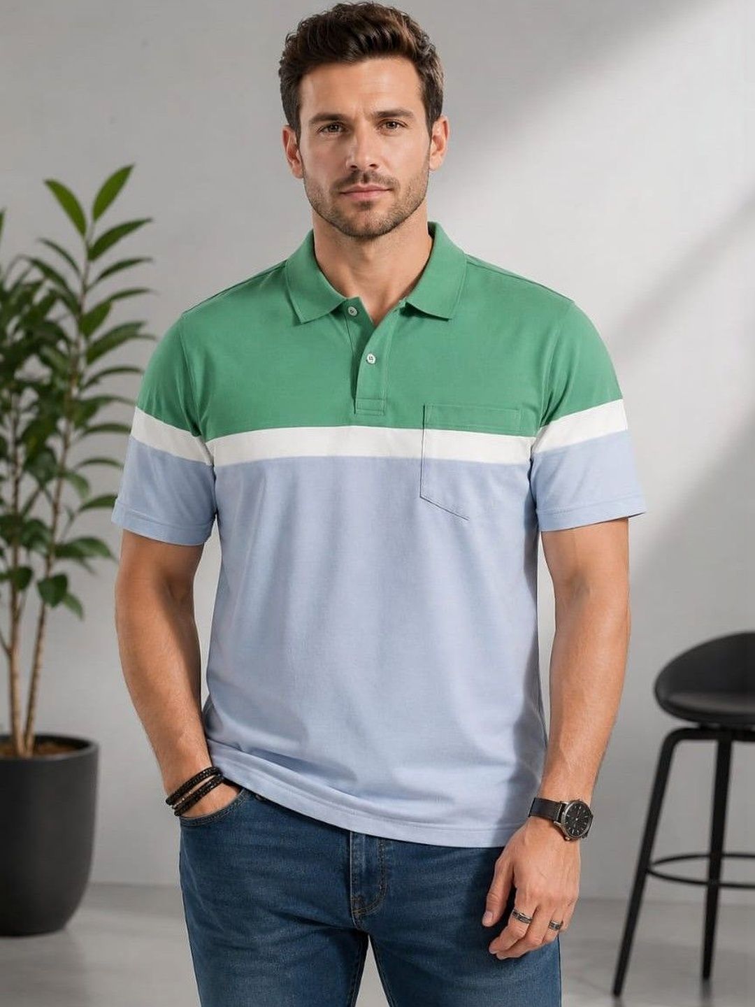 Austin wood Men Colourblocked Polo Collar Pockets T-shirt