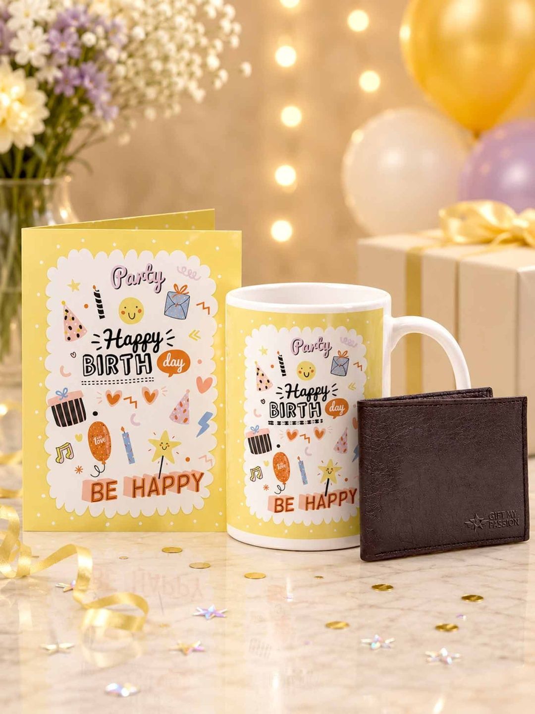 GIFT MY PASSION 3Pcs White & Yellow Printed Ceramic Birthday Gift Combo
