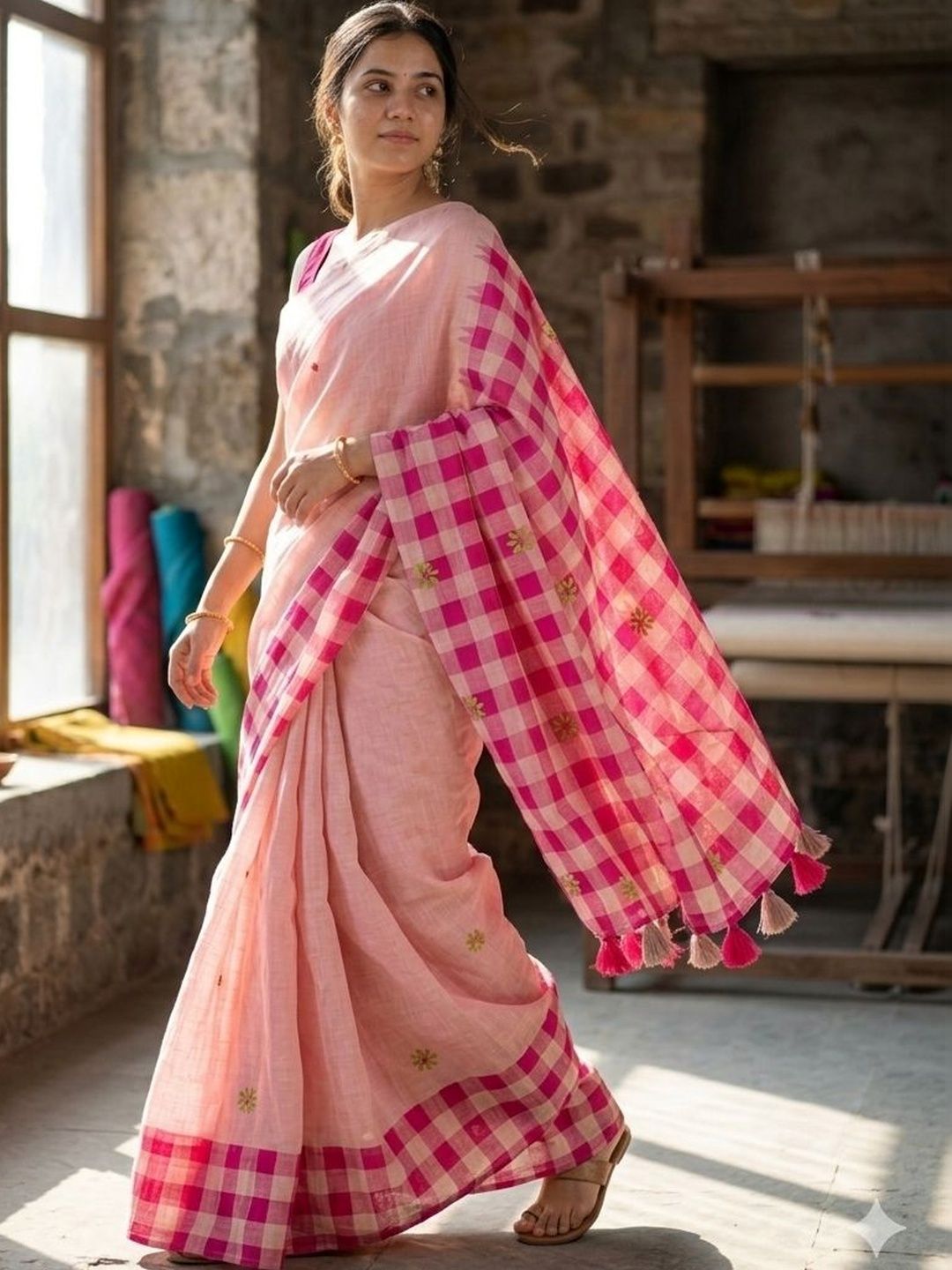 STAVA CREATION STAVA CREATION Embroidered Pure Linen Saree