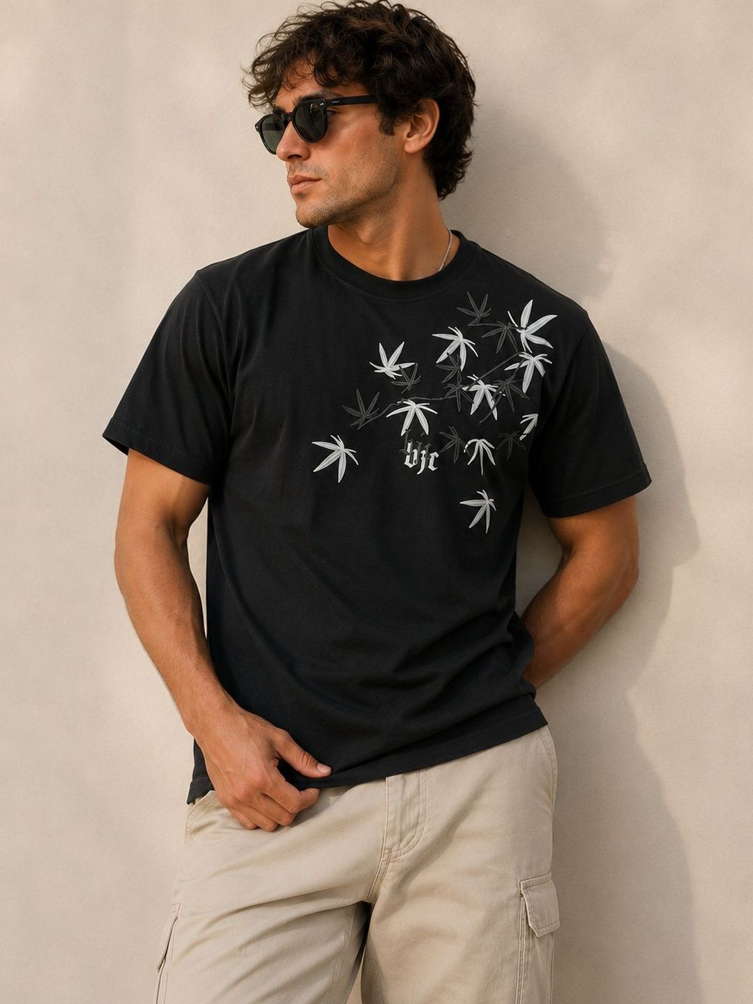 BIGCAPS Black Embroidered Casual T-Shirt