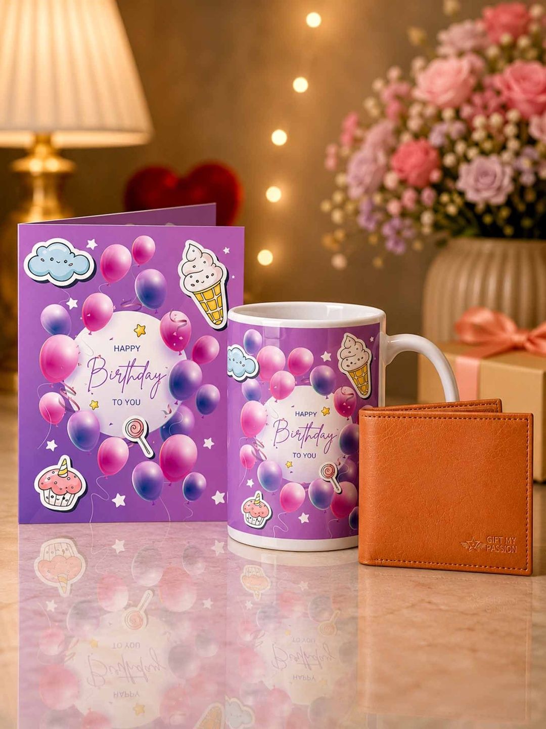 GIFT MY PASS 3-Pieces  Pink & Brown Printed Birthday Gift Set