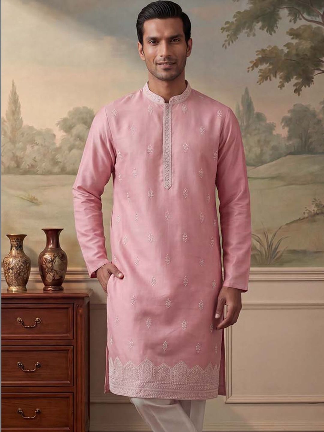 House of Pataudi Embroidered Mandarin Collar Knee Length Straight Kurta