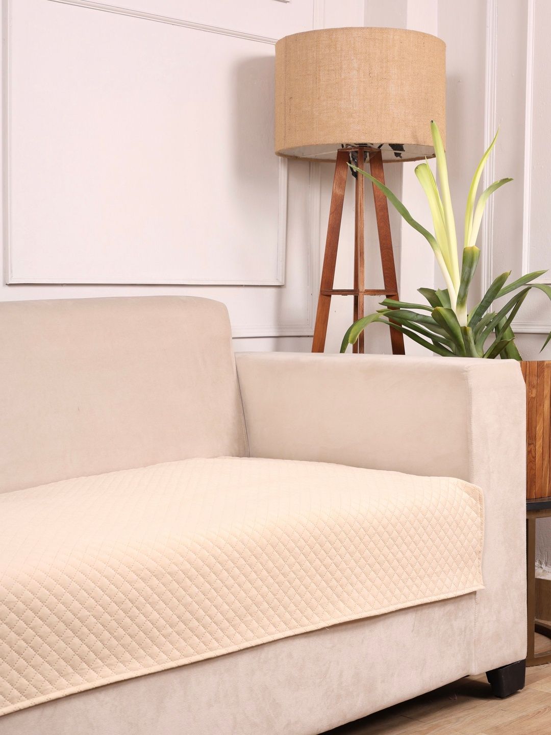STITCHNEST STITCHNEST Prot Beige Geometric Faux Suede Fade Resistant Straight 3 Seater Sofa Cover-