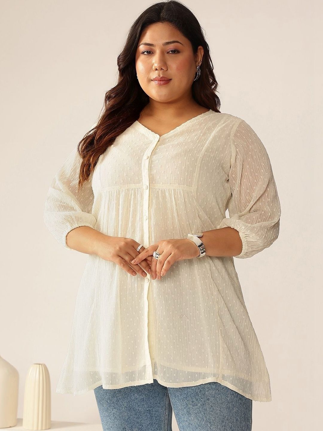 Janasya Women Plus Size Off White Dobby Chiffon Self Design A-line Tunic