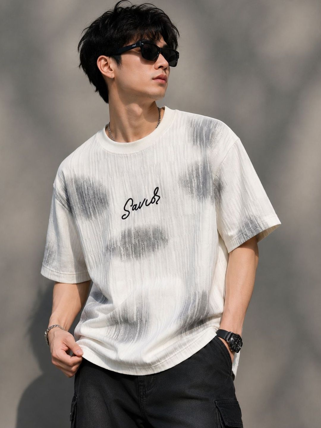 BIGCAPS White Tie-Dye Embroidered T-Shirt