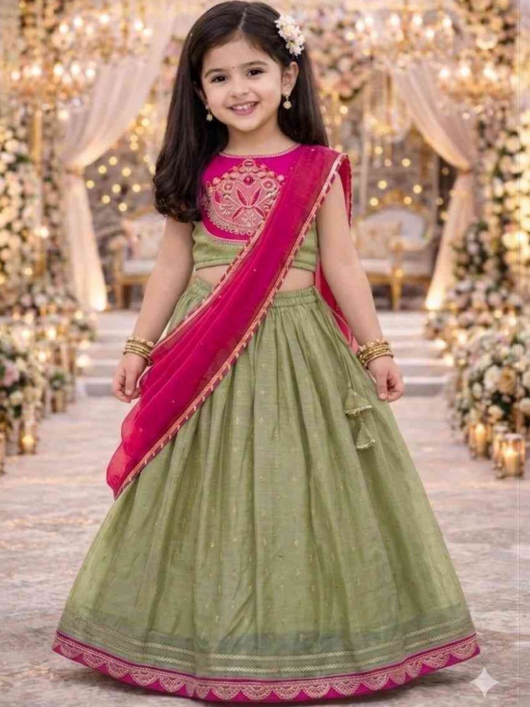 KALINI Girls Embroidered Thread Work Ready to Wear Lehenga & Blouse With Dupatta