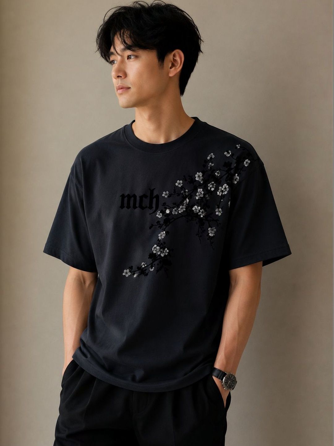 BIGCAPS Black Embroidered Short Sleeve Tshirt