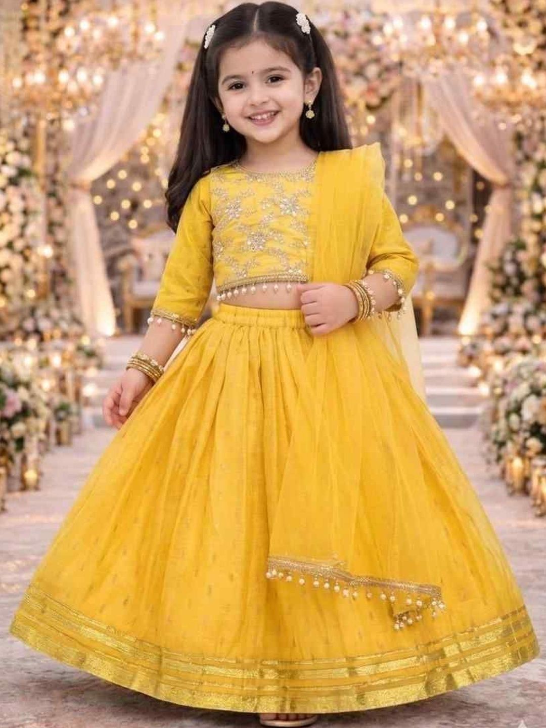 KALINI Girls Embellished Mirror Work Ready to Wear Lehenga & Blouse With Dupatta