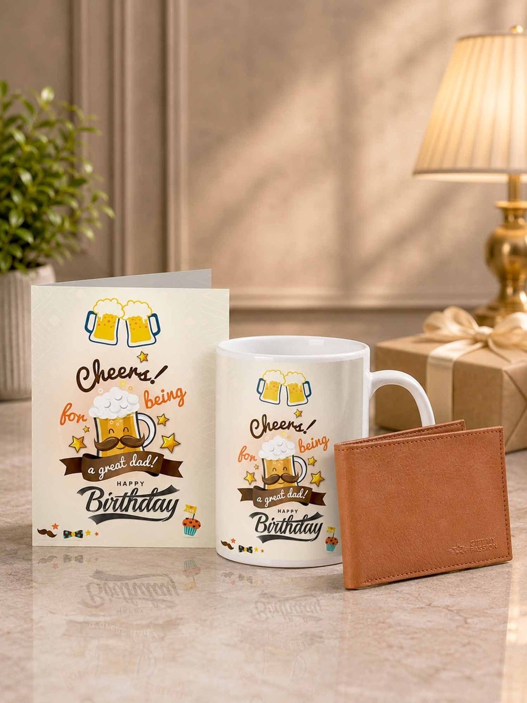 GIFT MY PASS 3-Pieces  White & Brown  Printed Dad Birthday Gift Set