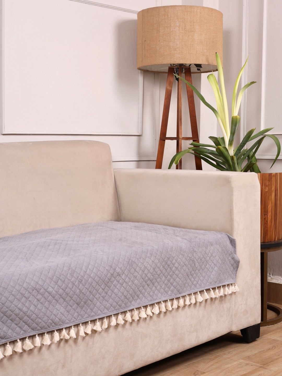 STITCHNEST STITCHNEST Prot Tsl Grey Geometric Faux Suede Fade Resistant Straight 3 Seater Sofa Cover-