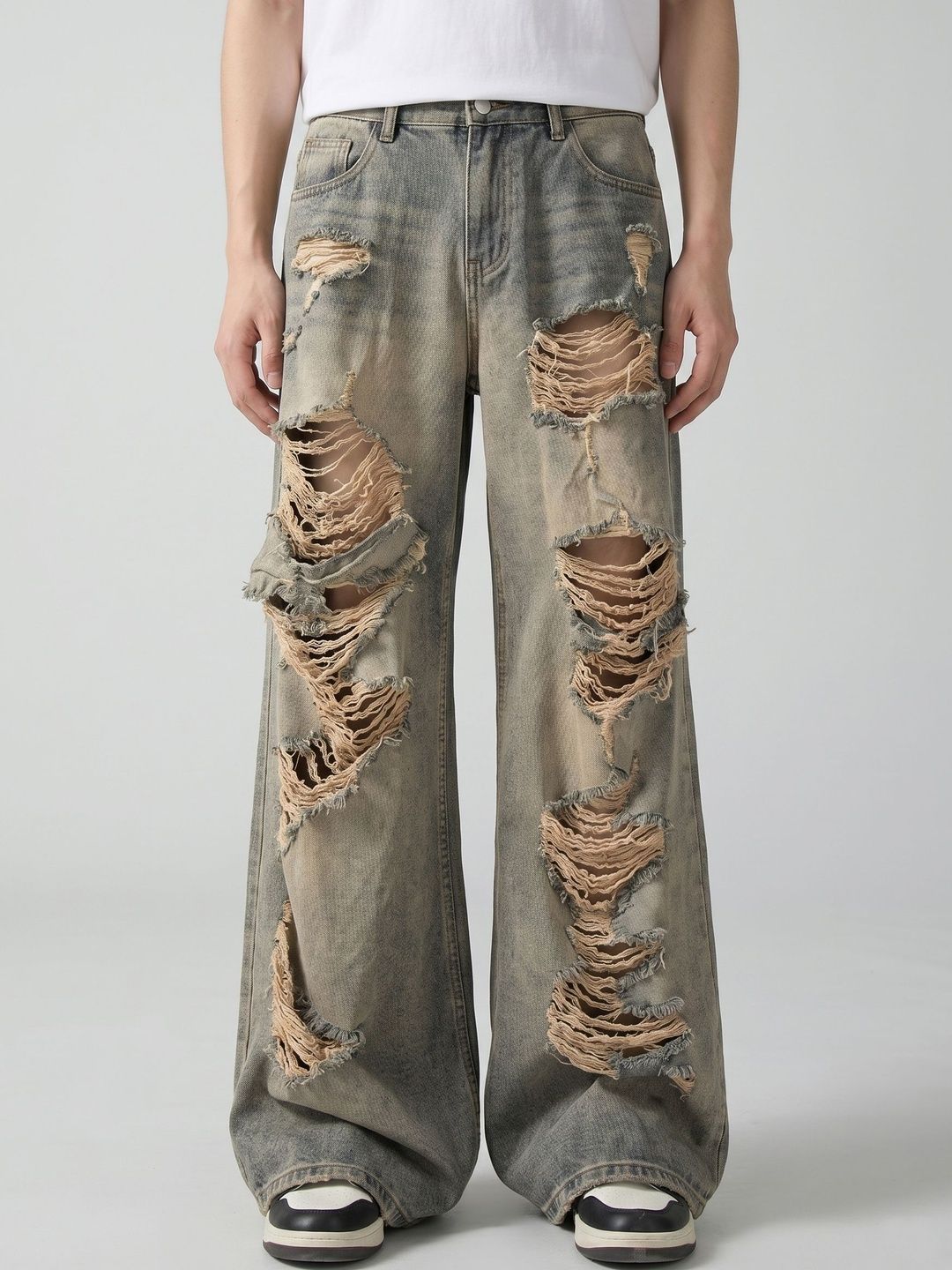 ANDREW HILL Men Wide Leg Mid-Rise Highly Distressed Light Fade Jeans