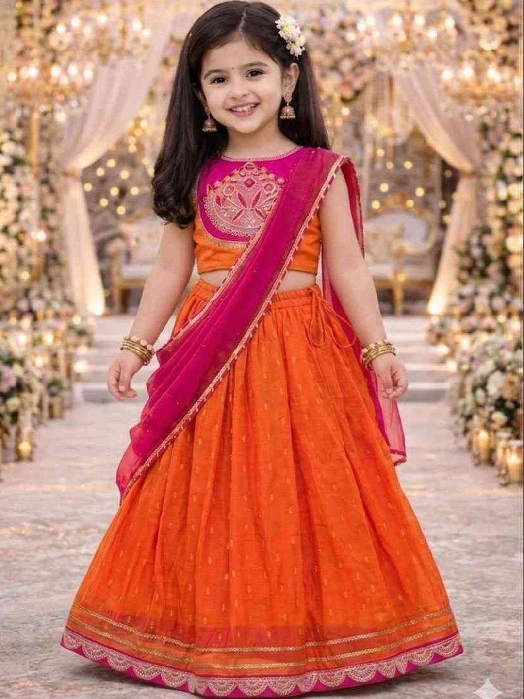 KALINI Girls Embroidered Thread Work Ready to Wear Lehenga & Blouse With Dupatta