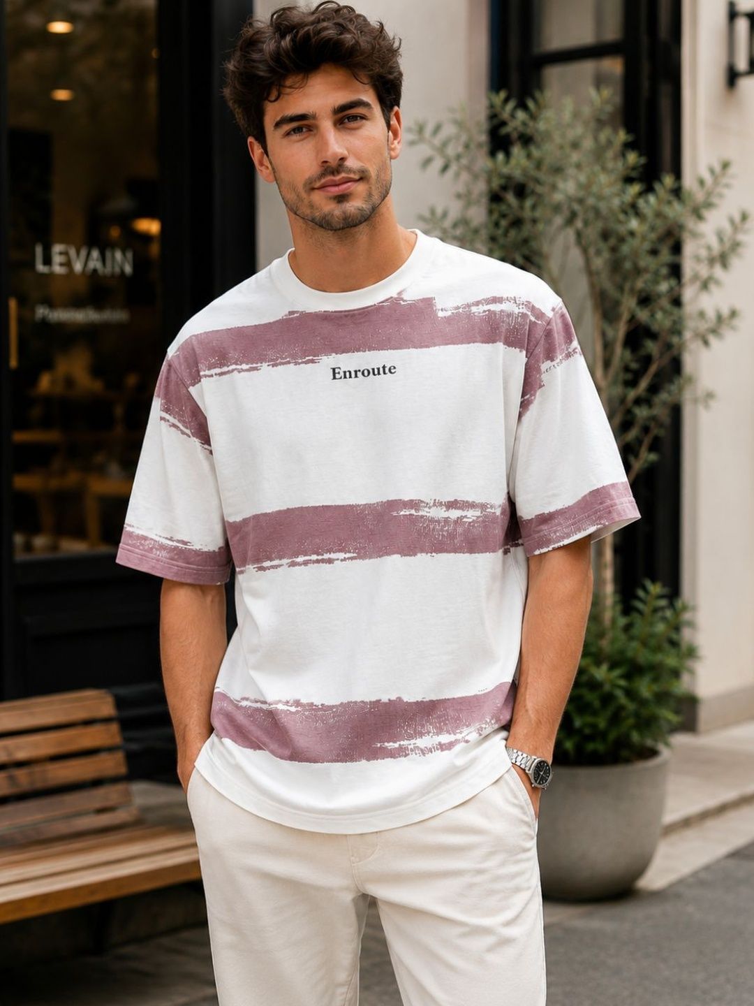 R.Code by The Roadster Life Co. Men Striped Drop-Shoulder Sleeves T-shirt