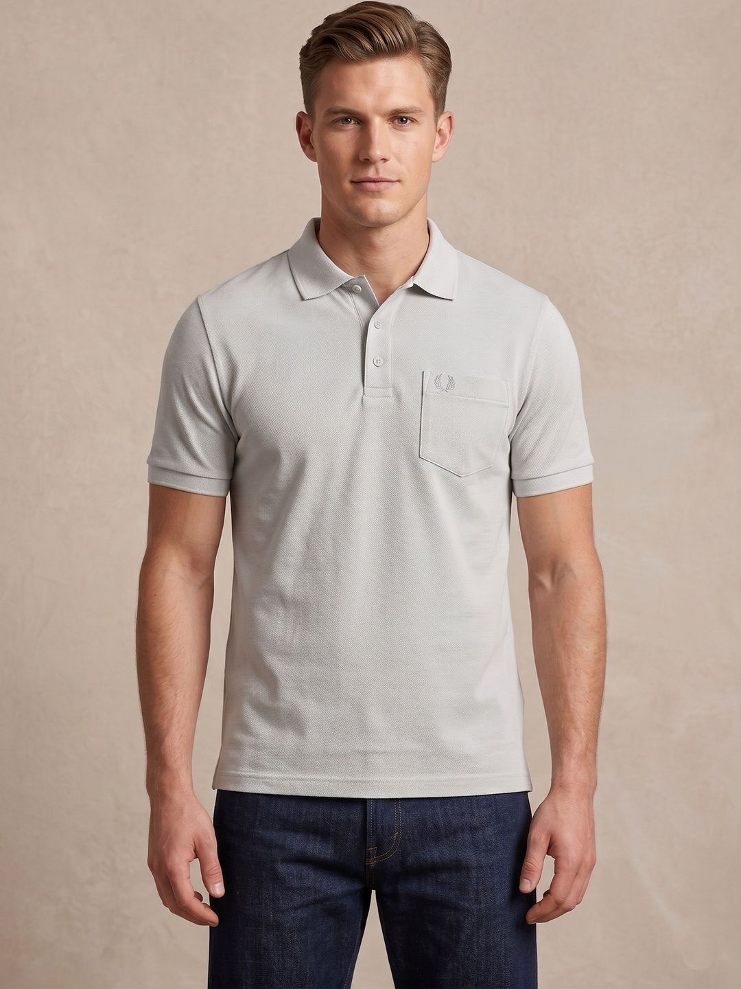 UNEX Men Brand Logo Polo Collar Pockets Cotton T-shirt