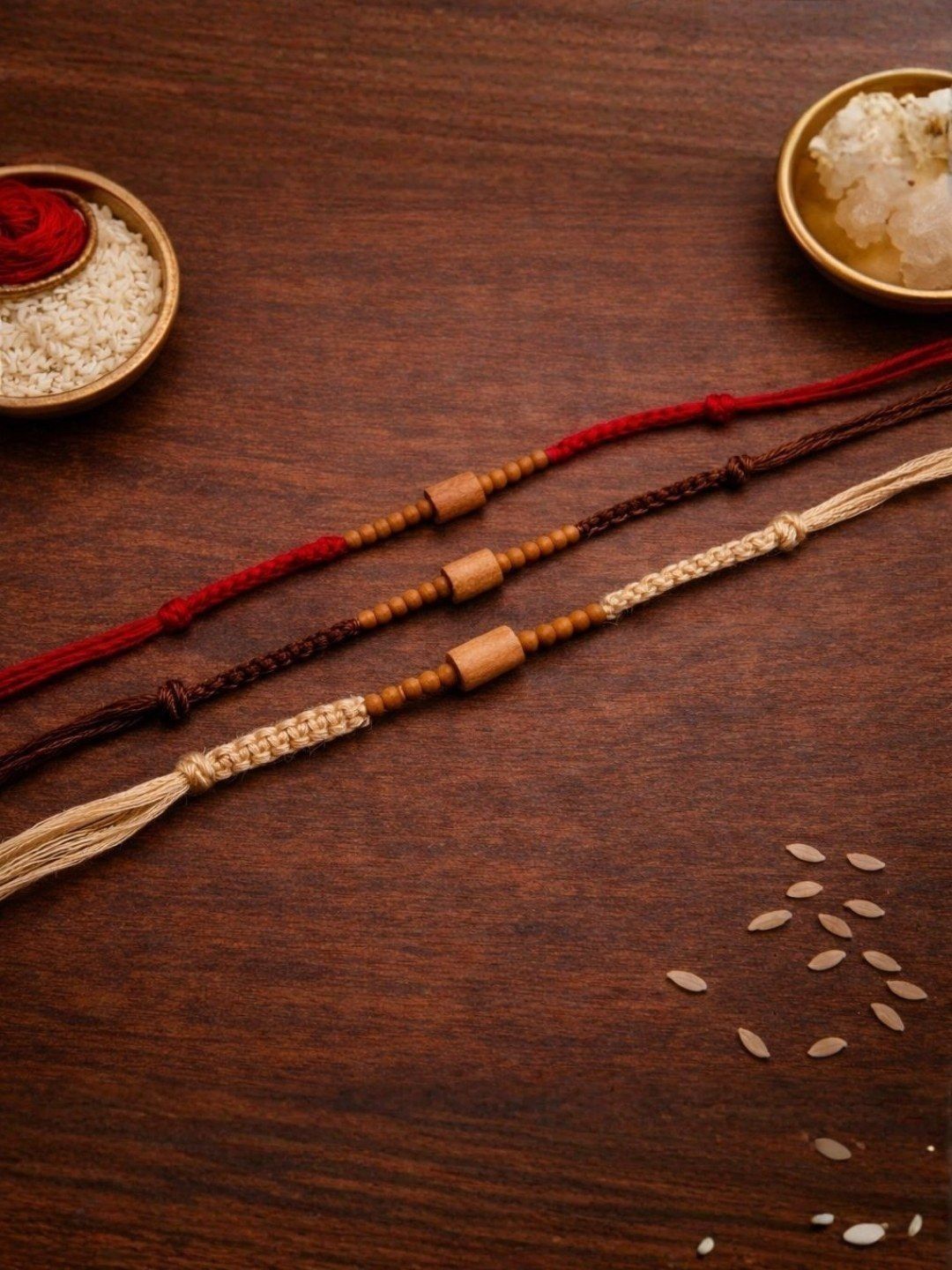 I Jewels Men Set of 3 Wooden Beads Thread Rakhi with Roli Chawal & Raksha Bandhan Card