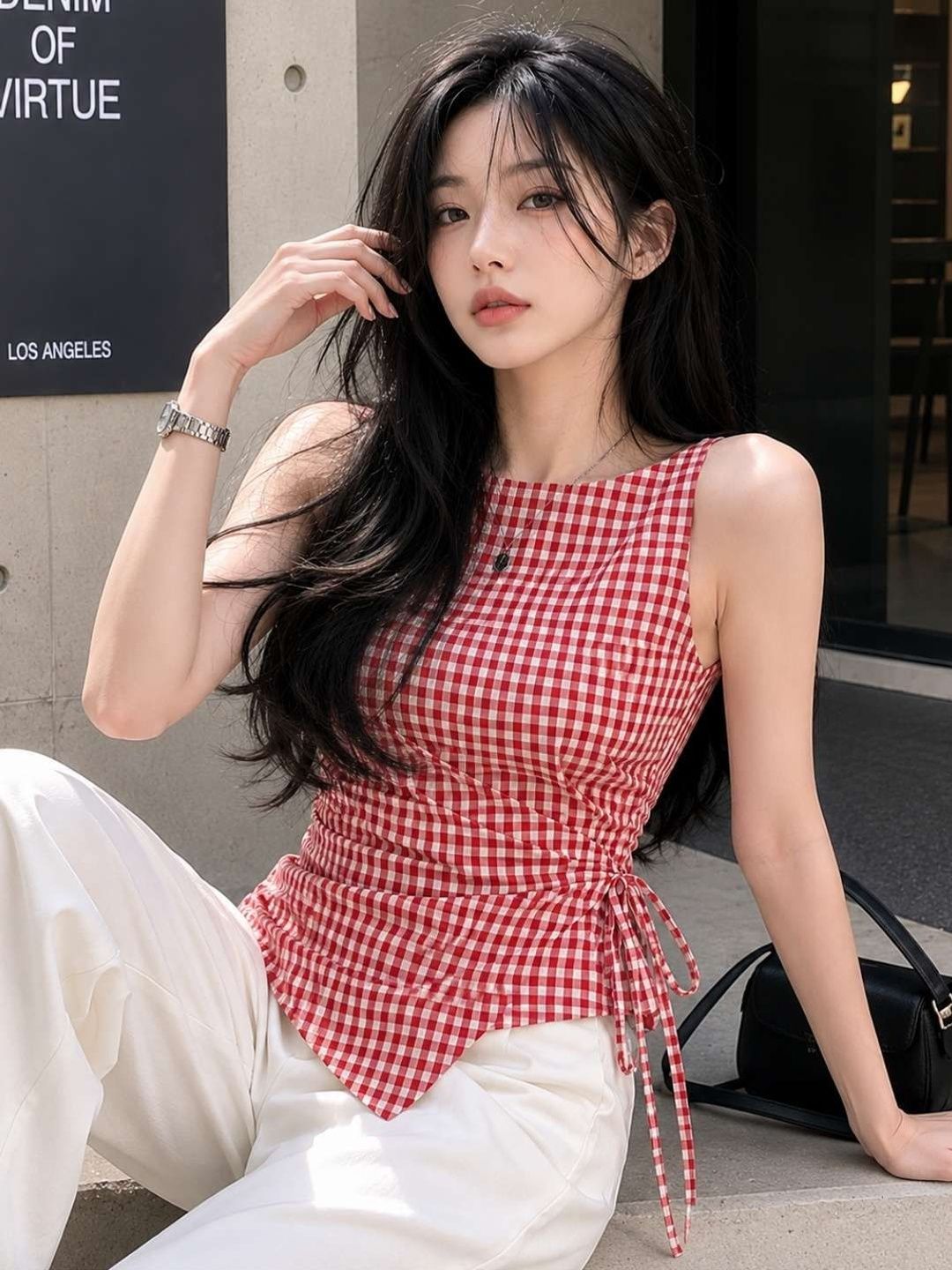 EZLIA Checked Wrap Top