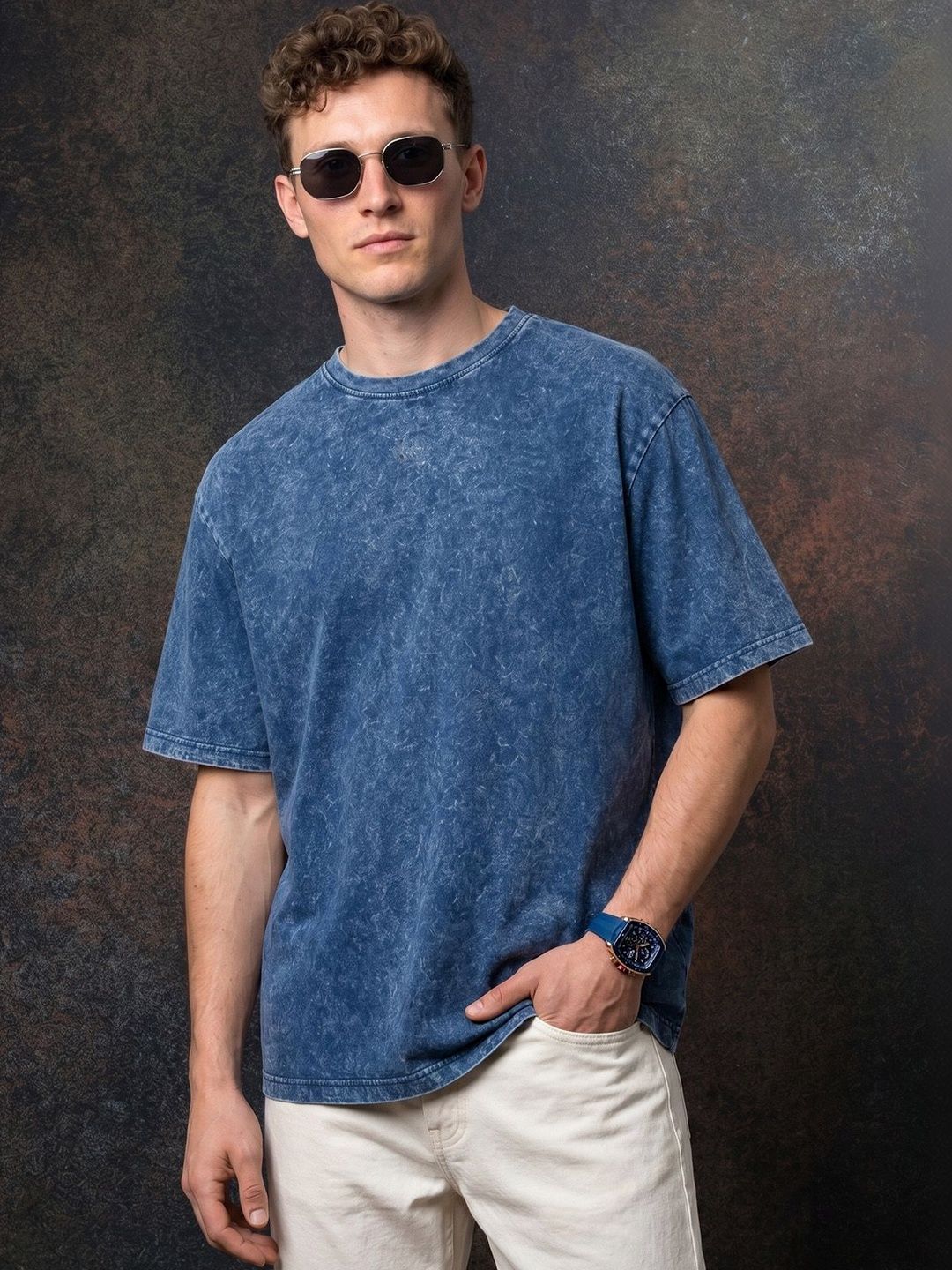 VEIRDO Men Blue Acid Wash Printed Drop-Shoulder Sleeves Pure Cotton Oversize T-shirt
