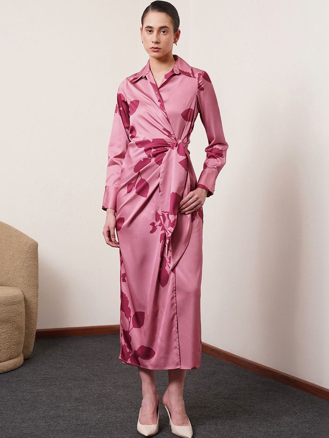 Women Wrap Dress - Pink Dress FABLE STREET Women Satin Floral Print Wrap Dress - Pink Dress
