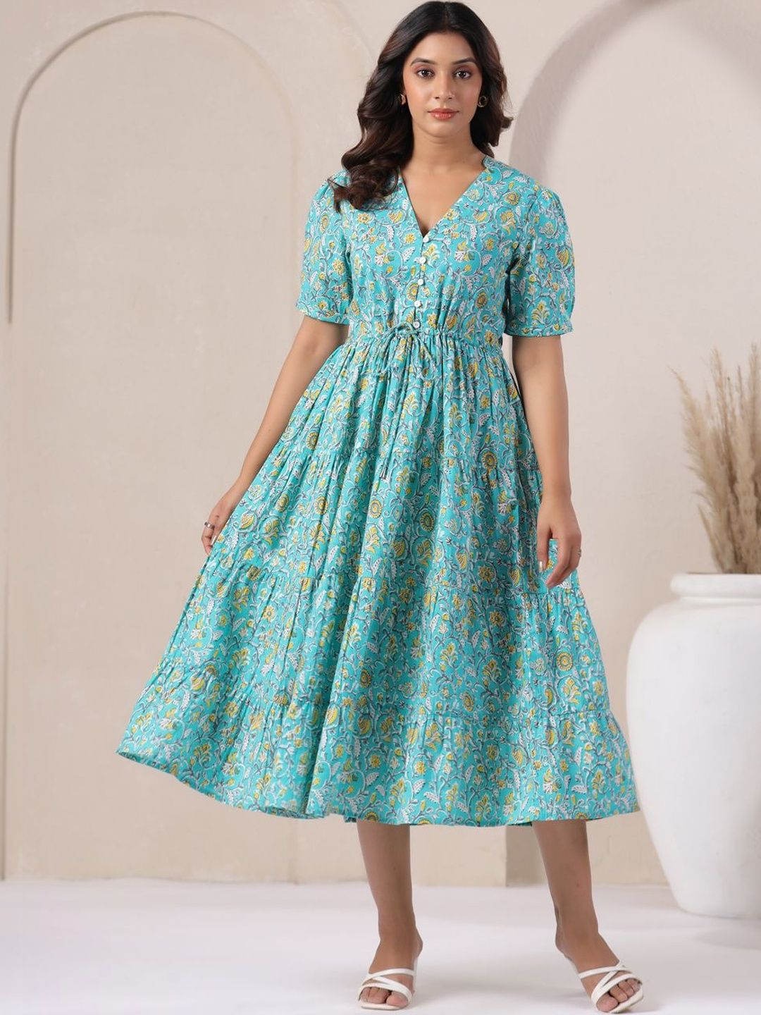 Twelve South Floral Print Puff Sleeve A-Line Midi Dress