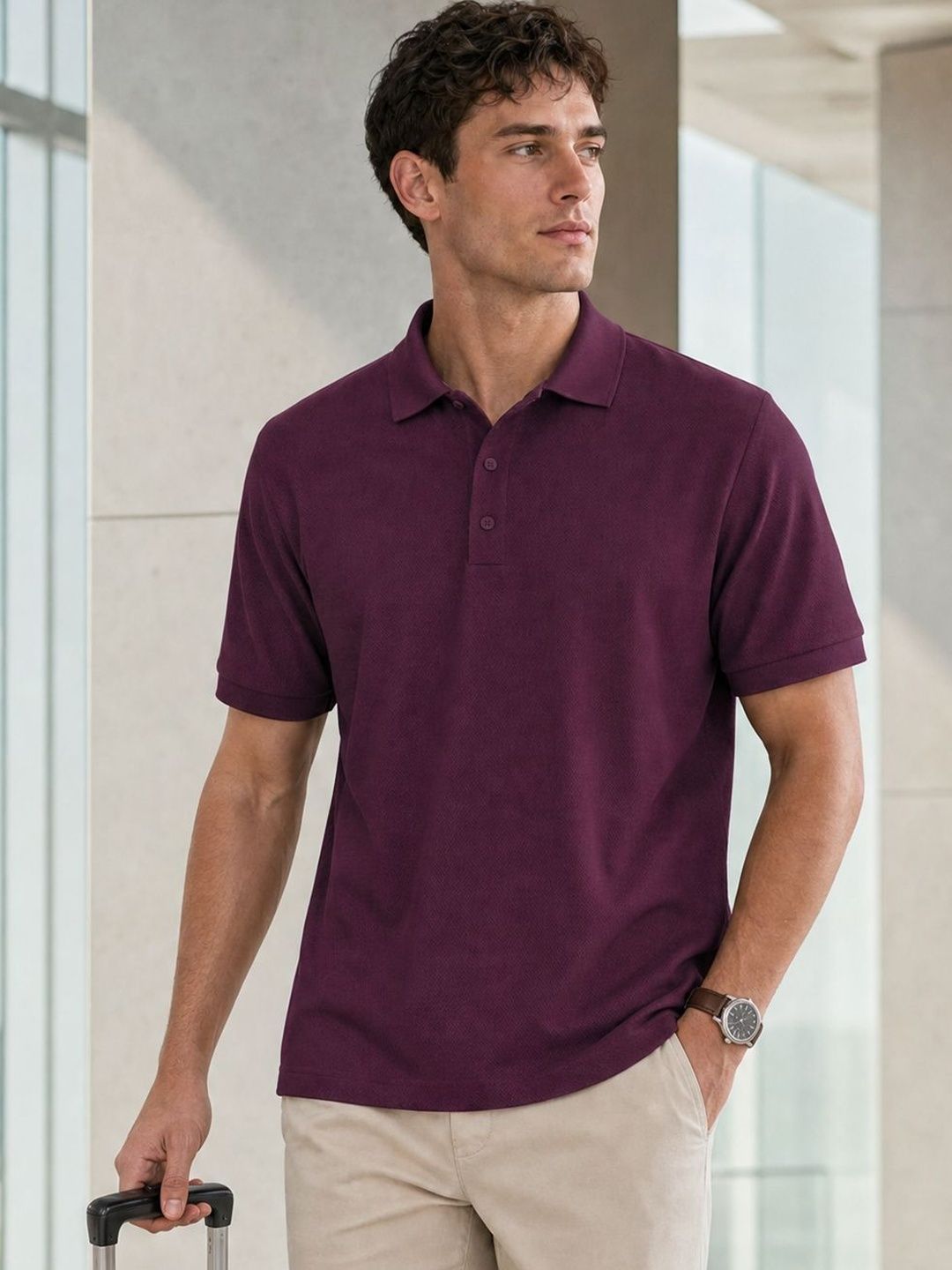 NOBERO Men Solid Polo Collar Cotton T-shirt
