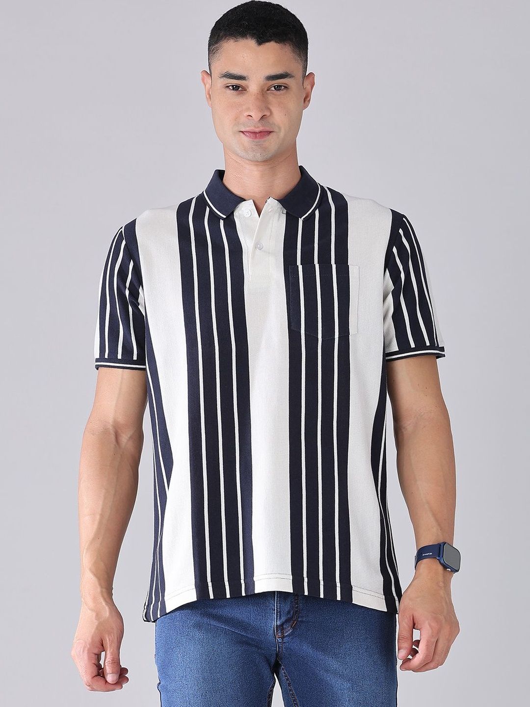 LIMEROAD Men Striped Polo Collar Pockets T-shirt
