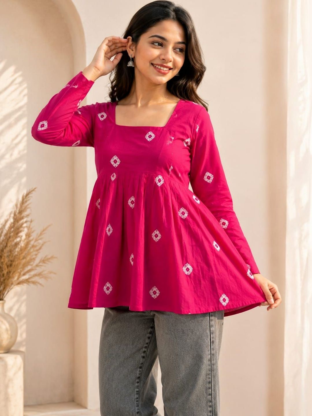 KALINI Geometric Print Cotton Top