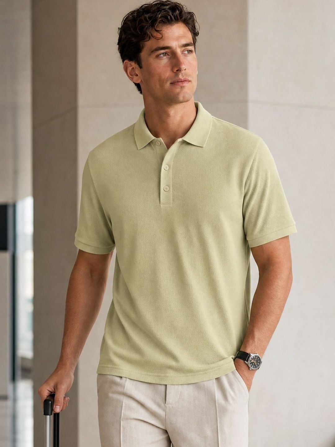 NOBERO Men Solid Polo Collar Cotton T-shirt