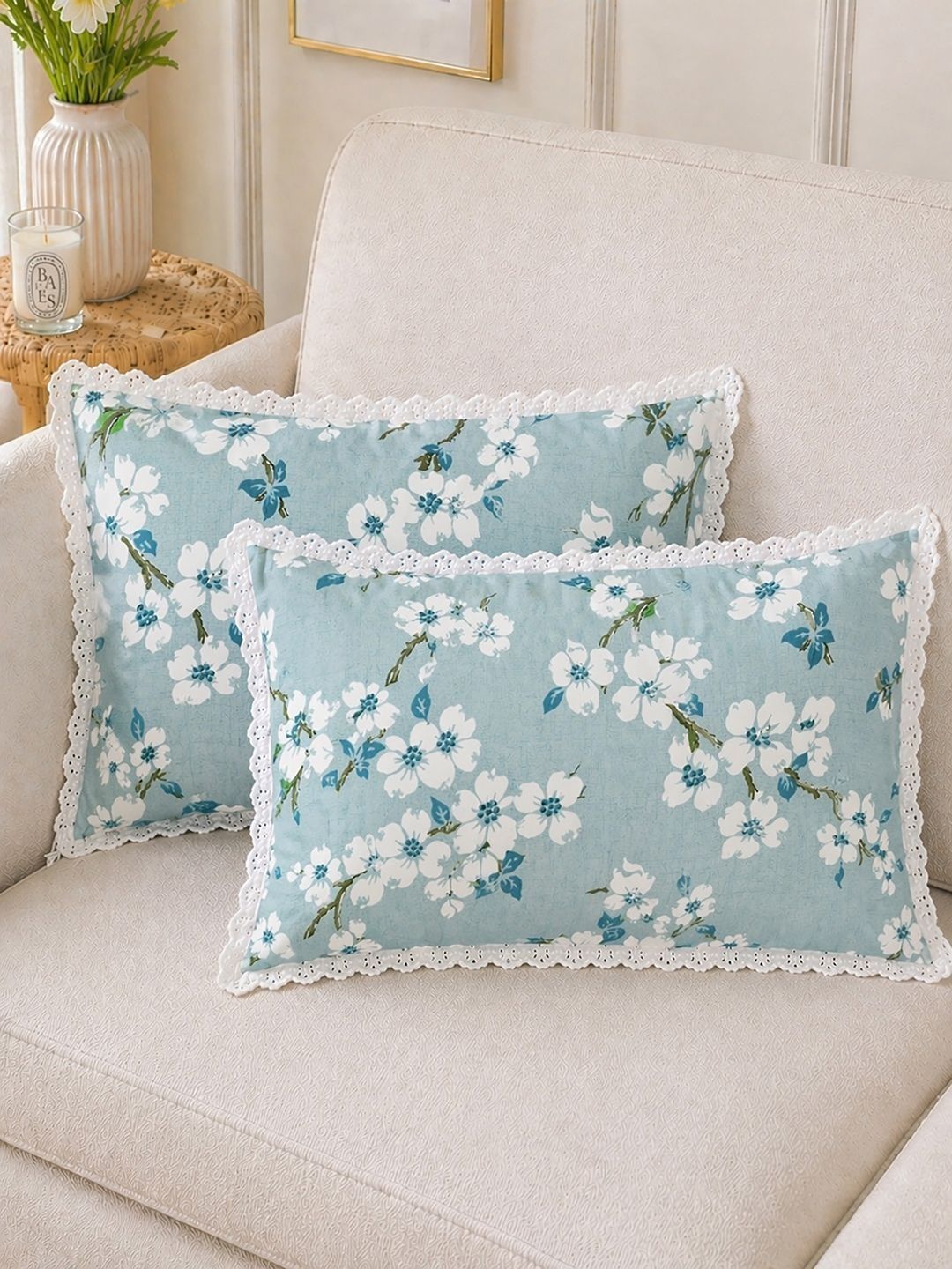 BREVARD BREVARD Turquoise Blue & White 2 Pieces Floral Pure Cotton Blend Rectangle Pillow Covers