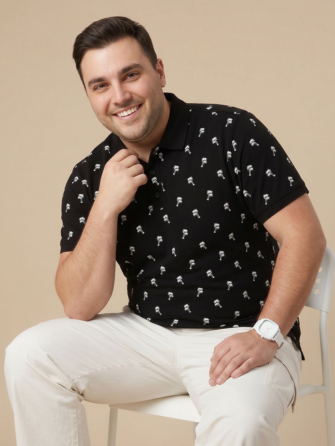 Sztori Plus Size Tropical Printed Polo Collar Pure Cotton T-shirt