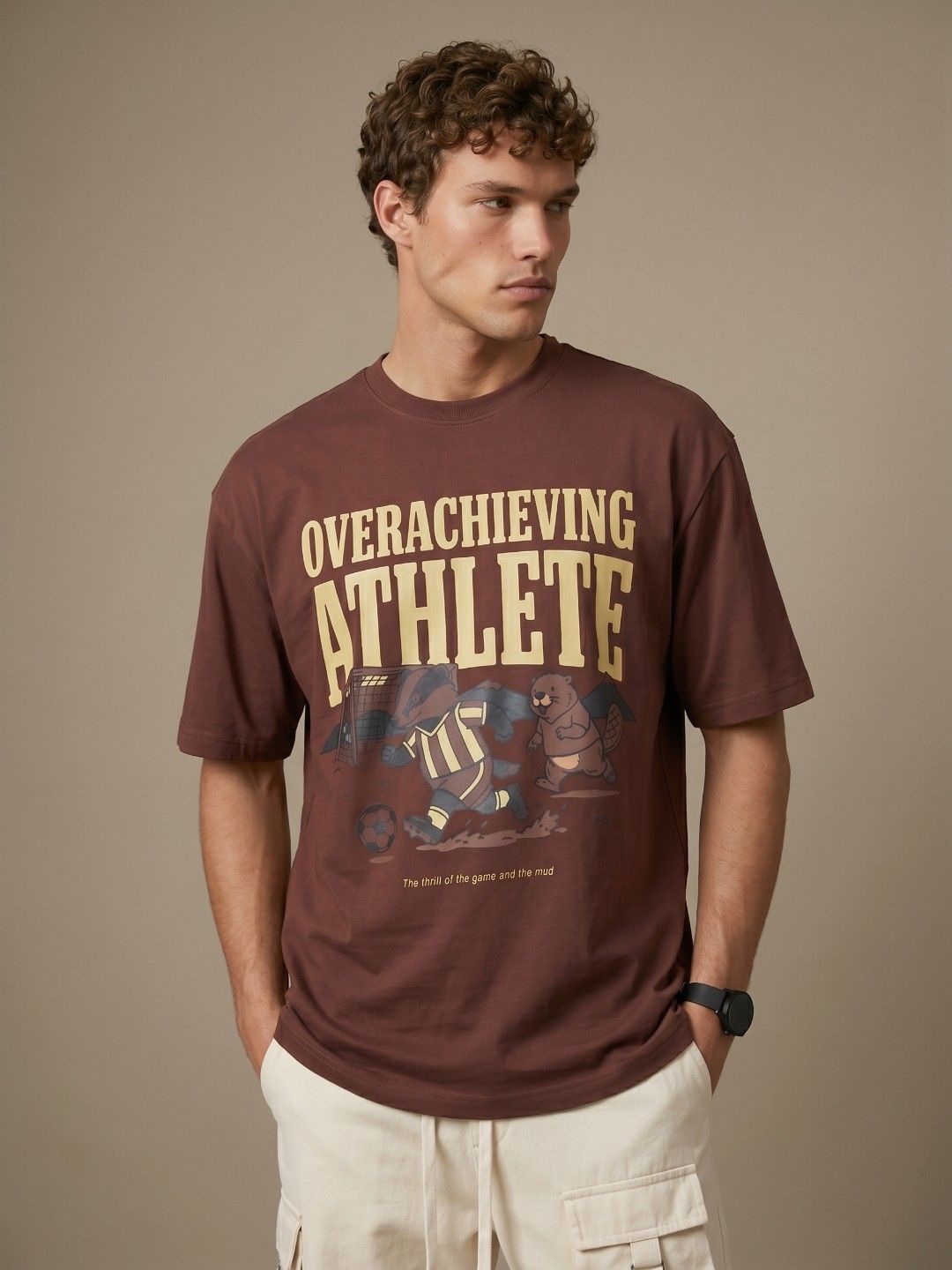 glitchez Coffee Brown Oversized Typography T-shirt