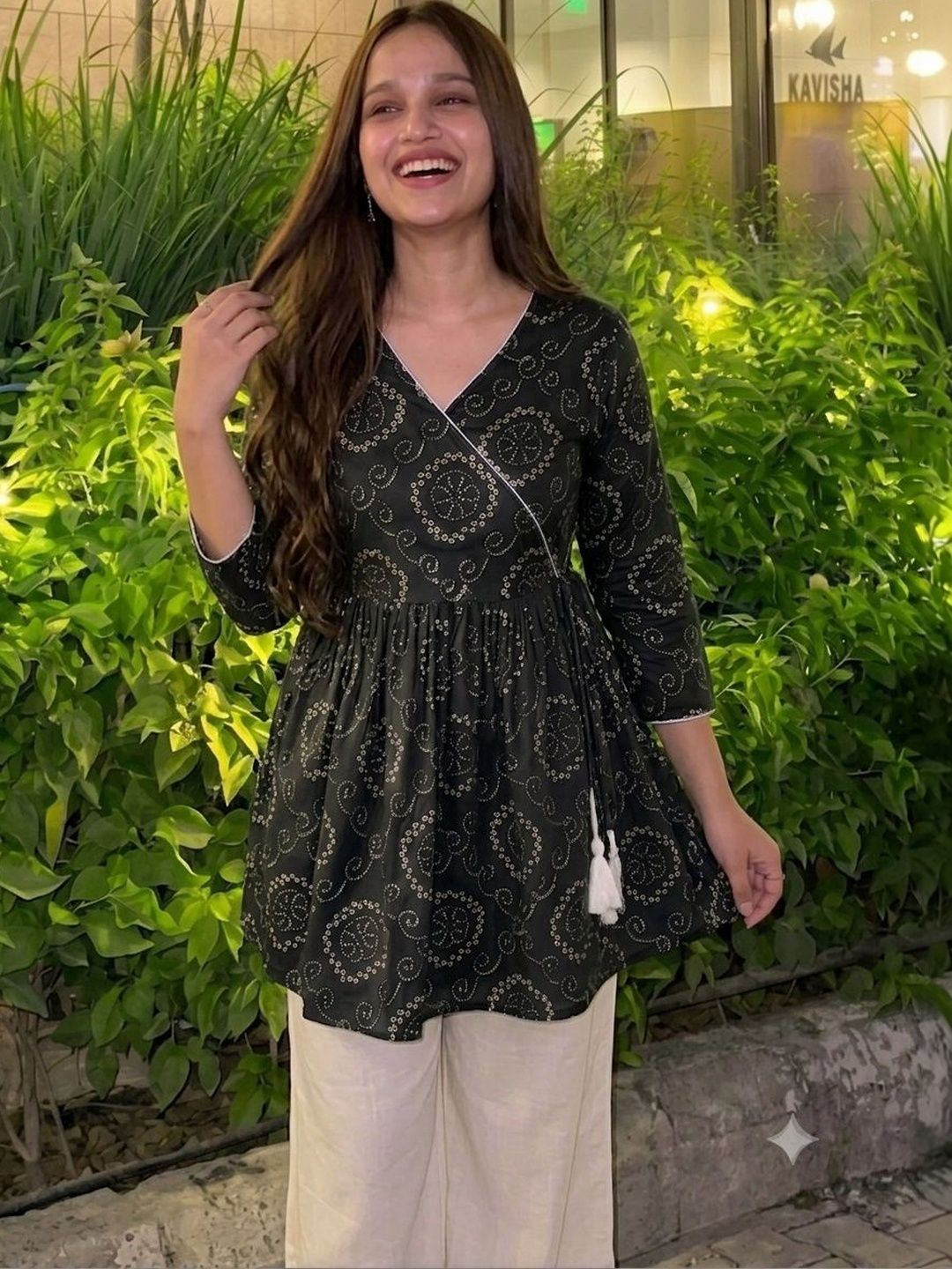 Vastrakaya Ethnic Motifs Printed V-Neck Pure Cotton Blend Angrakha Kurti