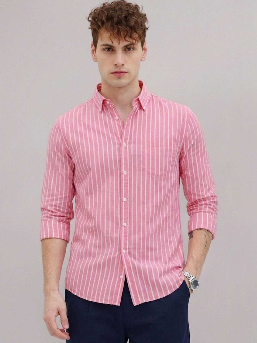FUNKY RICH Men Standard Striped Casual Shirt