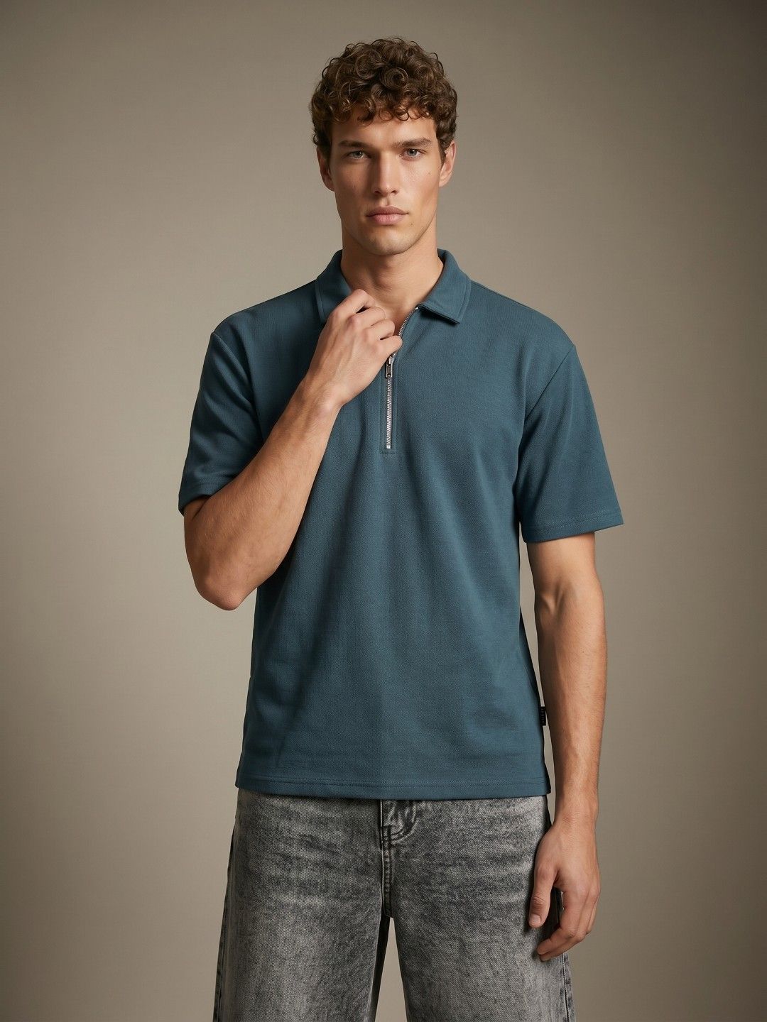 glitchez Polo Collar Textured Relaxed Fit T-shirt