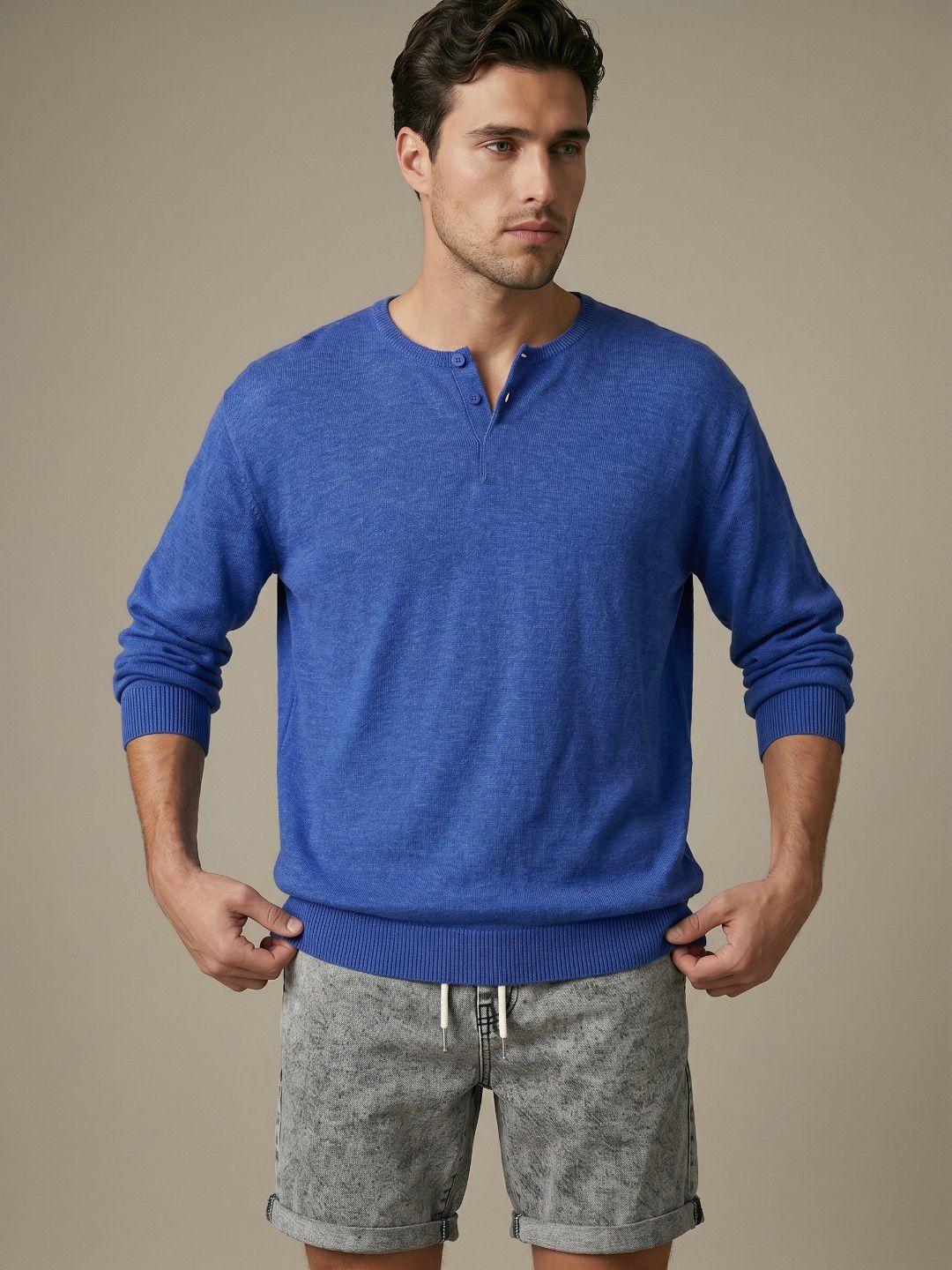 glitchez glitchez Relaxed Fit Henley Neck Pullover Sweater