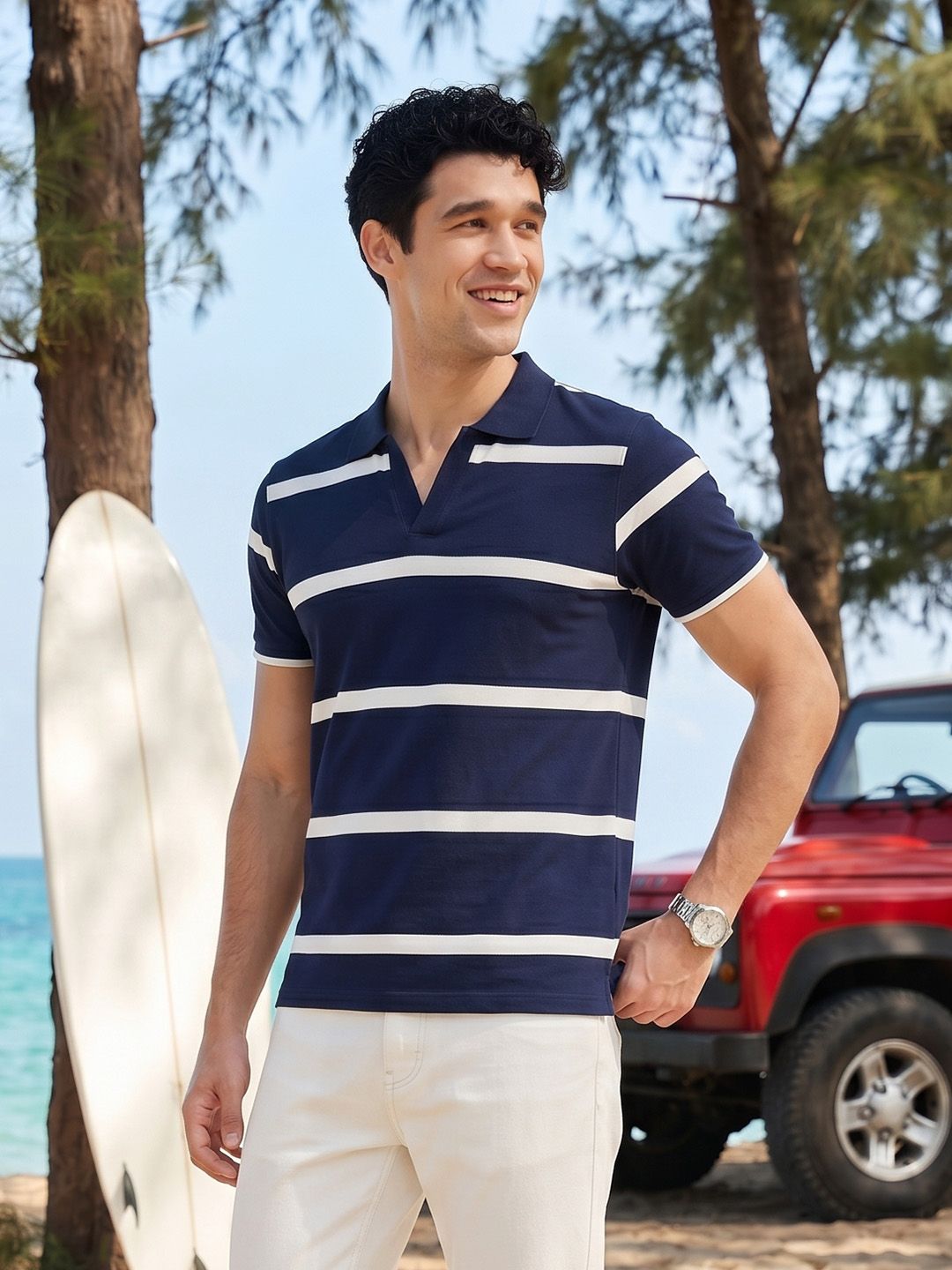 Mast & Harbour Striped Polo Collar Pure Cotton T-shirt